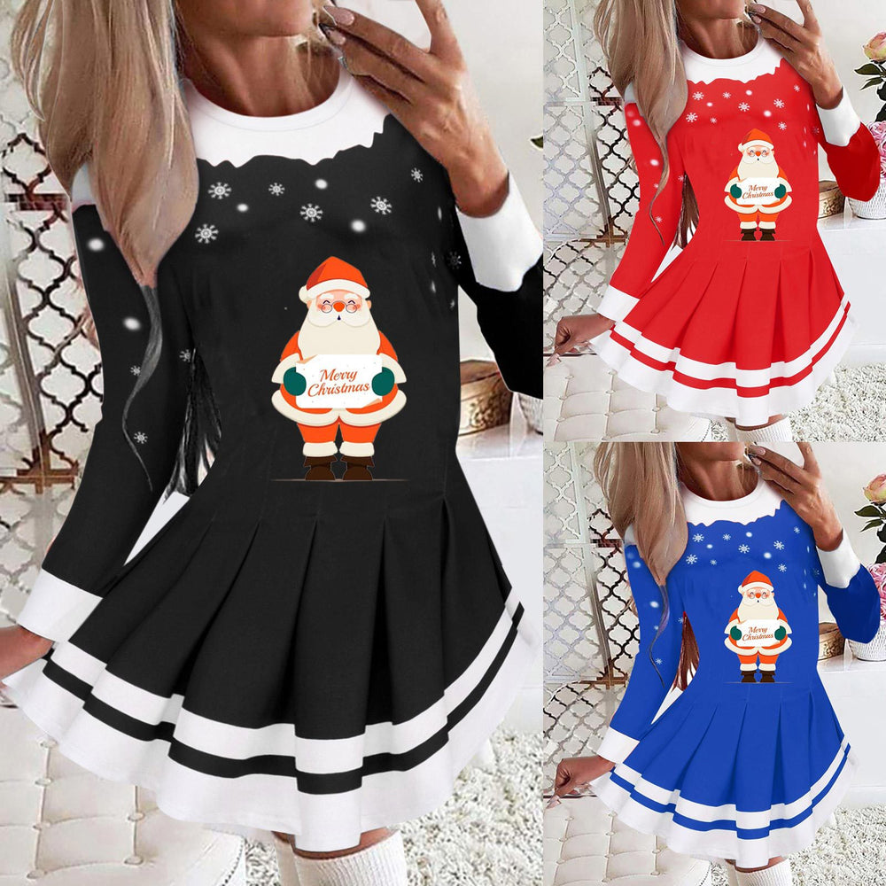 2025 european and american cross-border women's autumn/winter printed round neck long sleeve pleated party dress - european and american style