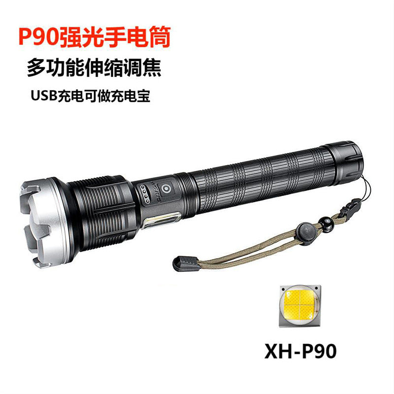 Cross-border new XHP90 + COB strong light flashlight USB charging outdoor zoom remote shooting tactical LED flashlight