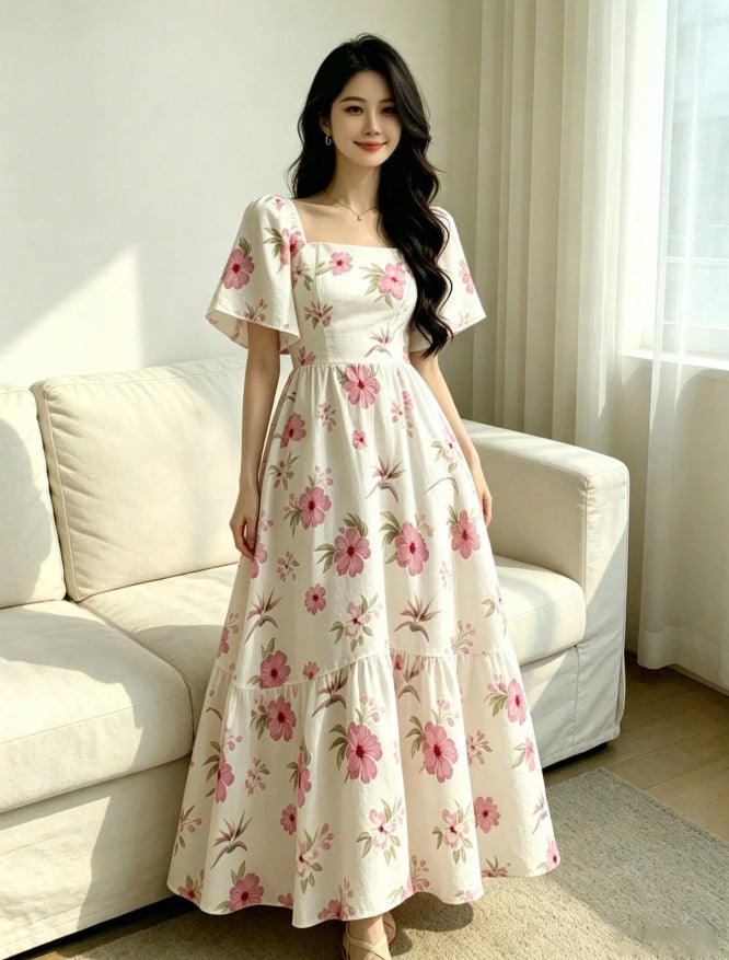 European and american  summer new sweet vacation style puff sleeve square neck rose print cinched waist dress