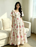 European and american  summer new sweet vacation style puff sleeve square neck rose print cinched waist dress