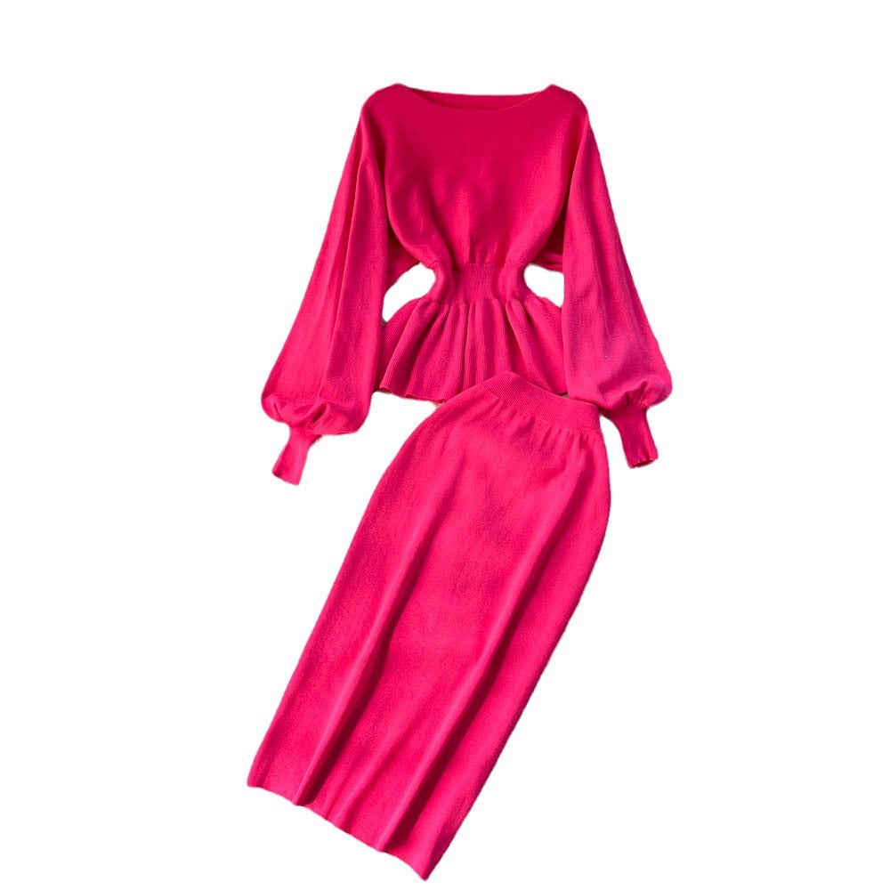 Autumn/winter french chic two-piece set: designer ruffle-trimmed lantern sleeve top + bodycon midi skirt