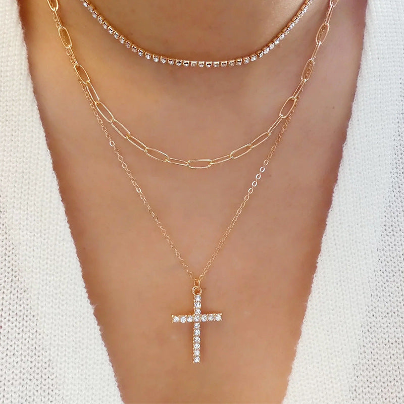 Wholesale diamond-studded cross necklace - european & american style, trendy alloy pendant, accessible luxury, unique & versatile jewelry for women