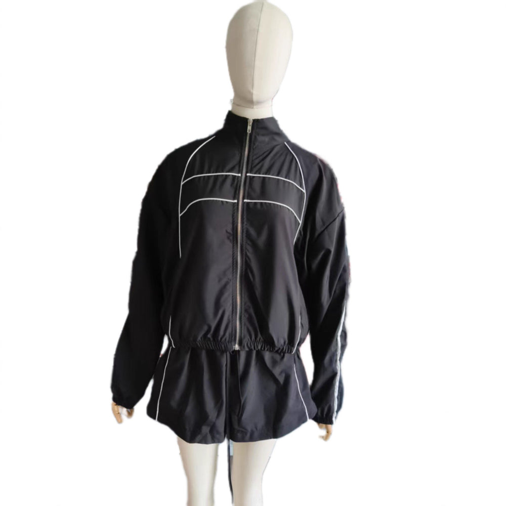european and american style sexy hot girl long sleeve zipper color block webbing shorts women's two-piece set