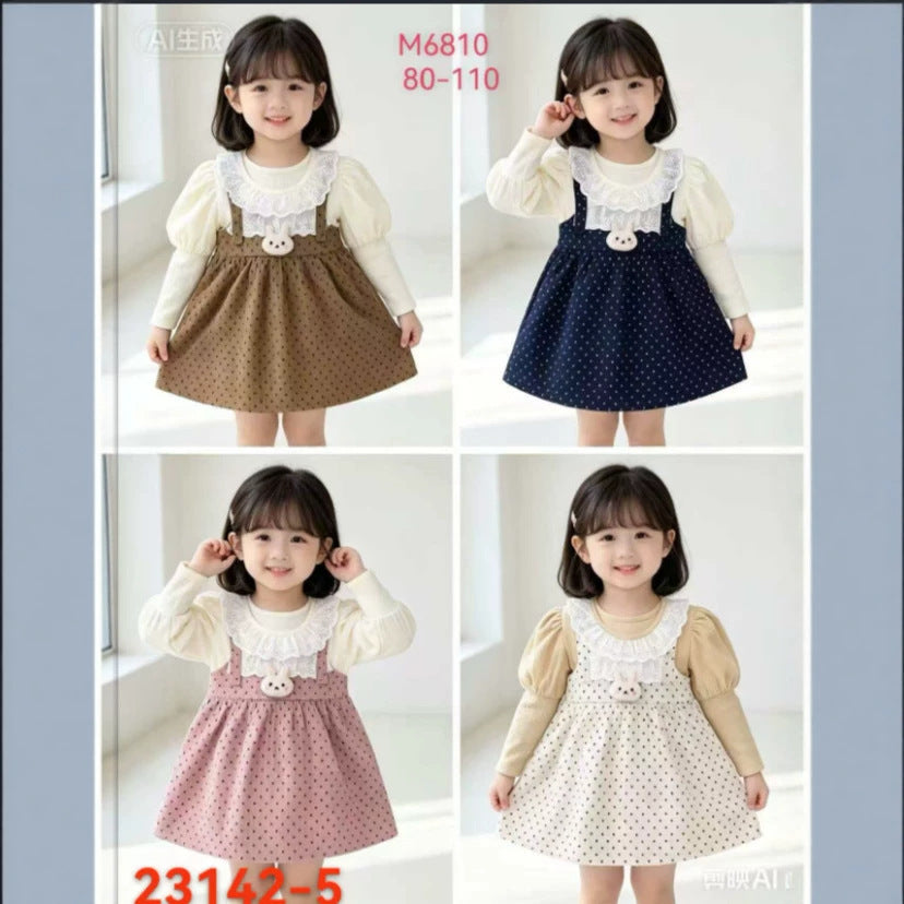 spring new girls' cotton dress, faux two-piece style, korean style toddler short-sleeve dress, cartoon design
