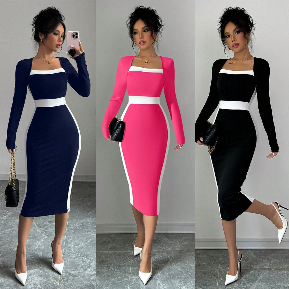 new  cross-border european and american women's clothing color block midi dress sexy bodycon long sleeve dress