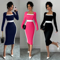 new  cross-border european and american women's clothing color block midi dress sexy bodycon long sleeve dress
