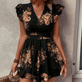 Women's summer  new arrival: bestselling printed deep v-neck midi dress with cinched waist and short sleeves
