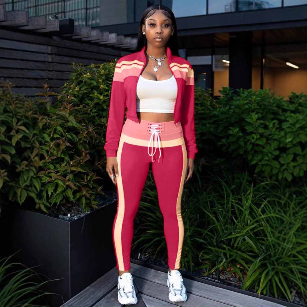 Cross-border European and American fashion street women's clothing contrasting colors splicing long-sleeved zipper cardigan sports and leisure trousers two-piece set