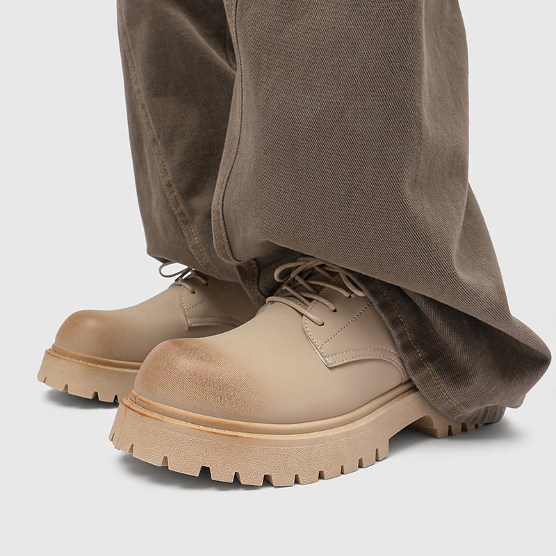 Derby shoes 2026 new spring low ankle boots men's retro workwear shoes thick sole heightened mickey casual leather shoes