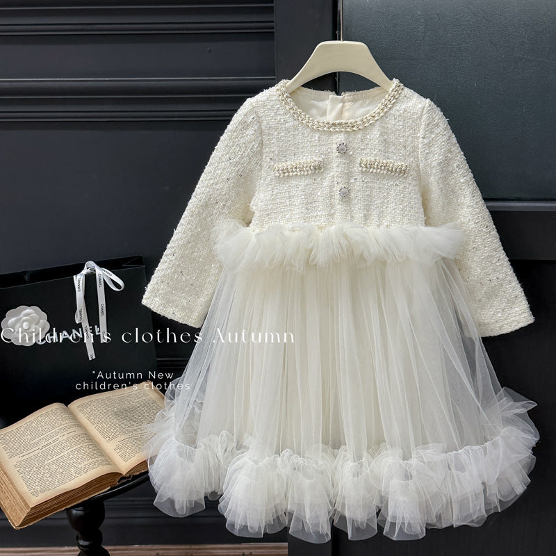 Girls' dress - new autumn  korean style chunky knit tweed princess dress - slimming mesh tulle tutu skirt