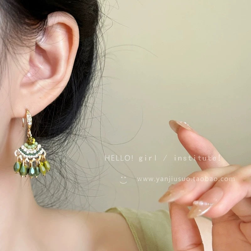 Bohemian green tassel crystal ear cuff earrings - fresh, unique design, perfect for vacation
