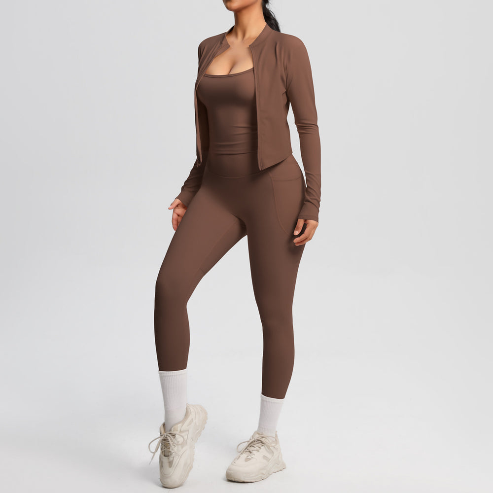 Fashion cross-border new cloud-sensing brushed sports vest flap pocket pantscasual hip-lifting fitness yoga wear three-piece set