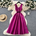 High-end women's summer evening gown: elegant v-neck slip dress with cinched waist, satin feel, slimming and figure-flattering maxi dress