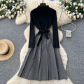 Xiaoxiangfengclassy contrast colorbows strappy long sleevesdress women's metal buckle waist slimming lookknitting short skirt