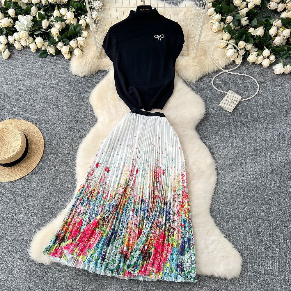 Fashion light mature style two-piece set women's high collar short-sleeved knittingtopshigh waistprintingpleated skirtsuit