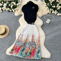 Fashion light mature style two-piece set women's high collar short-sleeved knittingtopshigh waistprintingpleated skirtsuit