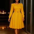 D3349 european and american cross-border new round neck long sleeve high waist a-line dress elegant party solid color foreign trade african dress