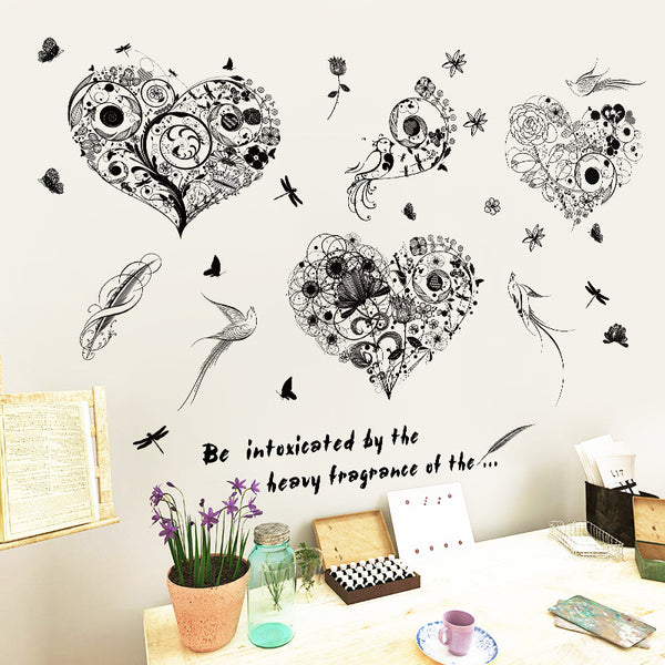 New flower and bird dish heart wall sticker bedroom living room, window study TV sofa background decorative sticker XL7238