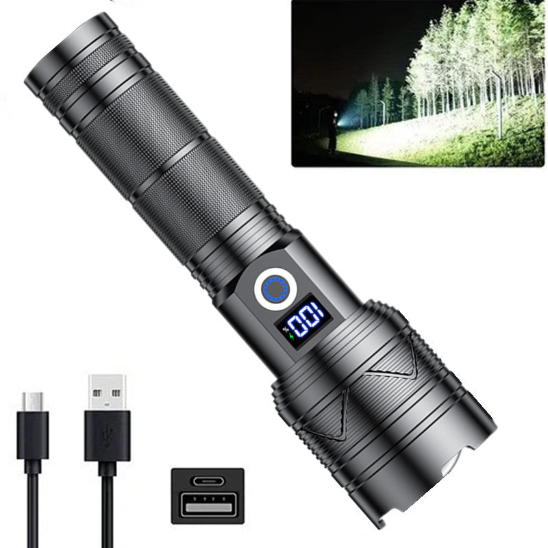 Cross-border new LED strong light USB charging flashlight, super bright long-range high-power white laser digital flashlight