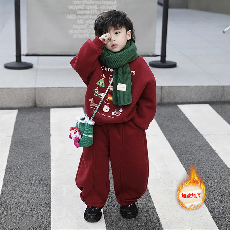 Boys'  hoodie set - autumn/winter outfit for older kids, two-piece set, children's winter fleece-lined korean style premium look