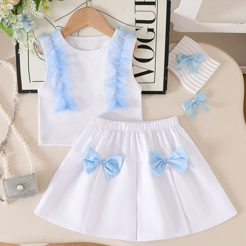 Girls' color block mesh sleeveless tank top and pleated skirt two-piece set - summer kids' 3d bowknot casual outfit