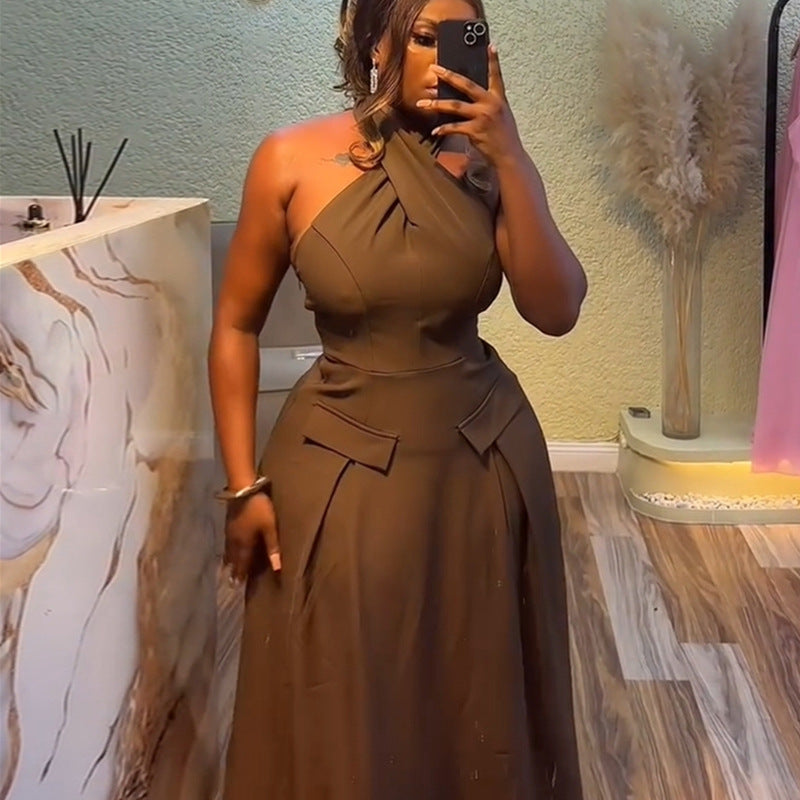 European and american cross-border women's fashion  summer new arrival: elegant and sexy halter neck slim-fit high-waisted sleeveless maxi dress