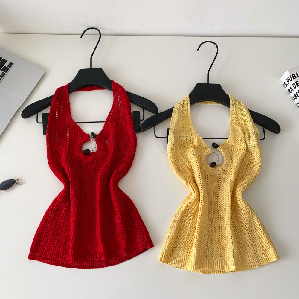 Korean style halter knit cutout camisole - women's summer outerwear, designer cutout slim fit, commute chic top