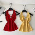 Korean style halter knit cutout camisole - women's summer outerwear, designer cutout slim fit, commute chic top