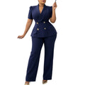 D634exportfashion cross-border  new short-sleeved lapel double-breasted tops high waistloose pantsexportsuit