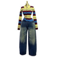 European and american cross-border women's spring  new retro age-reducing turn-down collar colorful striped long-sleeve knitted cardigan top