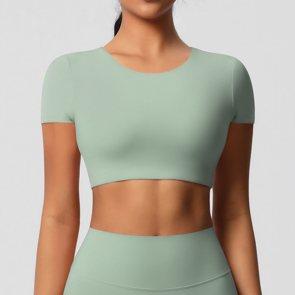 Ready-to-ship, cross-border, double-sided brushed, built-in bra, form-fitting, short-sleeve yoga top, pilates, running, and workout t-shirt for women