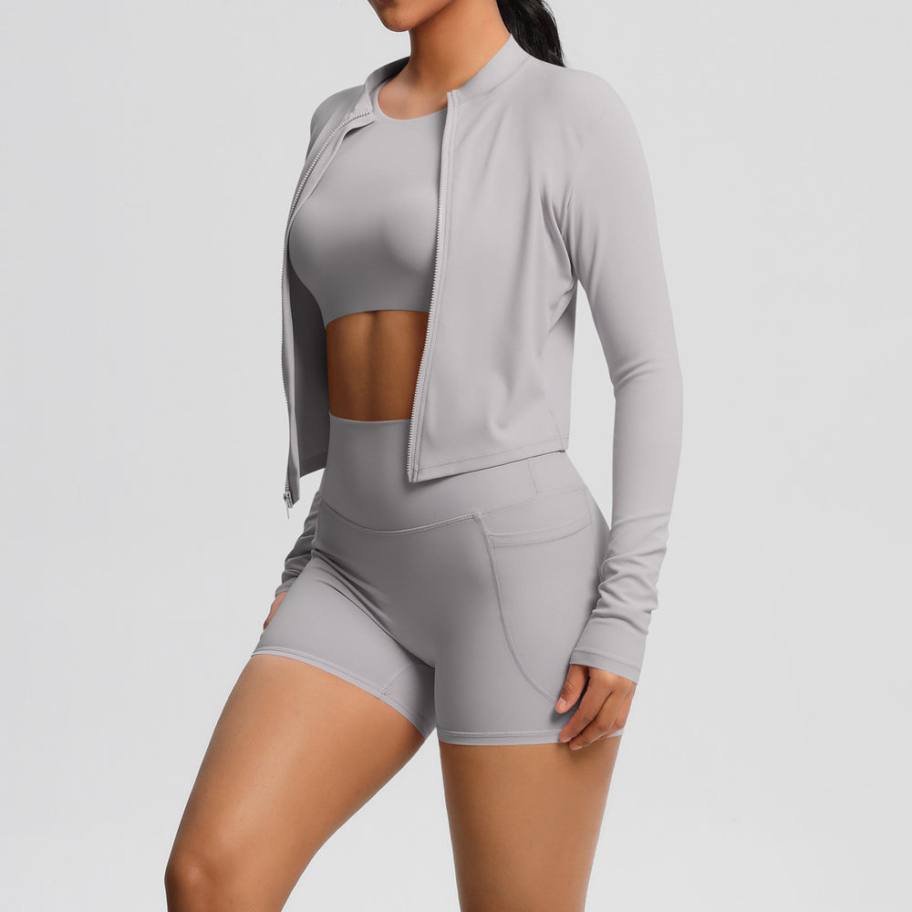 cloud-feel brushed short-sleeved sports zipper outwearflap pocket pants shorts hip-lifting fitness yoga wear three-piece set