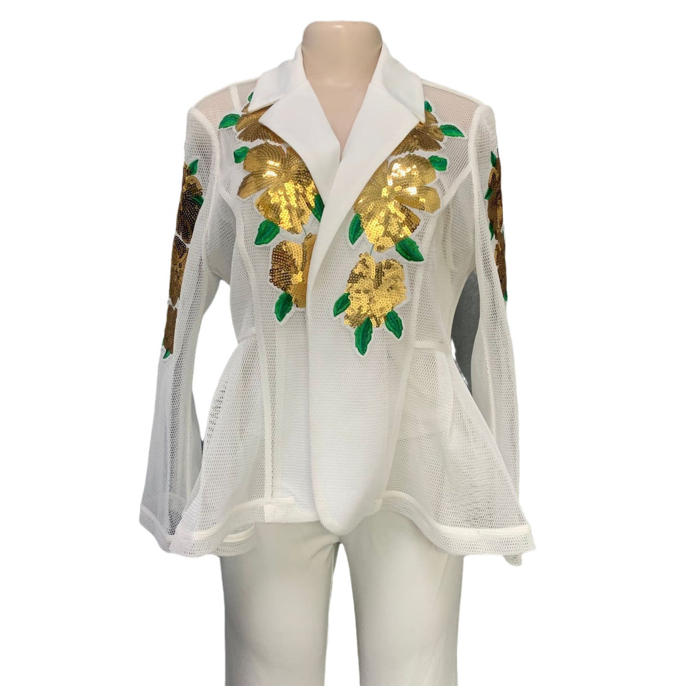 supply mesh long-sleeved suit outwearmatching short suspender flared pants suitsequin large flower beading clear