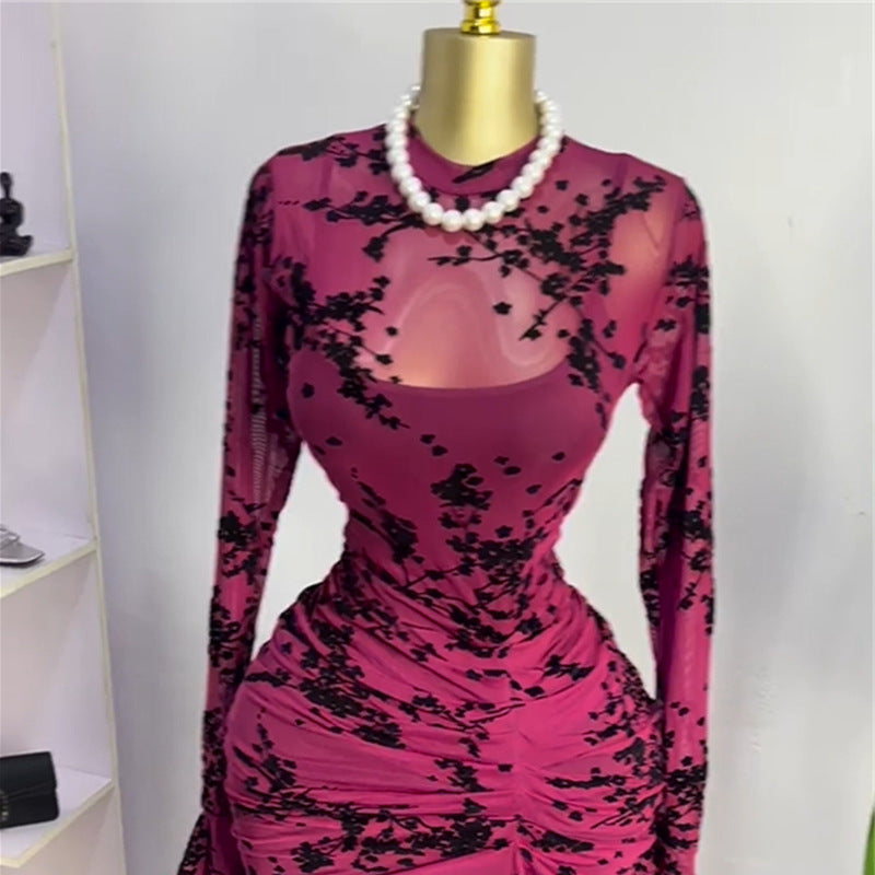 European and american women's clothing  autumn new collection: sweet and fresh printed mock neck long sleeve high waist slimming maxi dress
