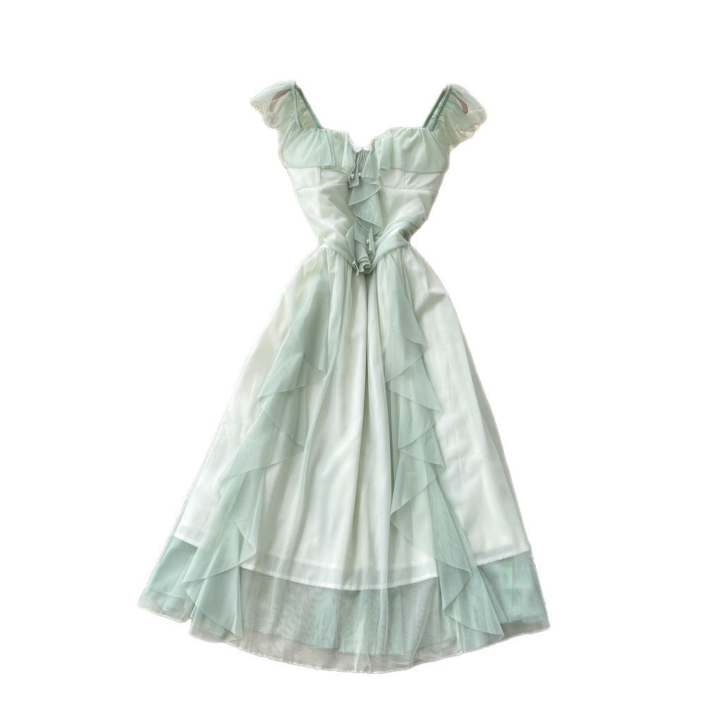 French sweet bowknot camisole dress - women's summer ruffle backless a-line dress - slimming, elegant, vacation style