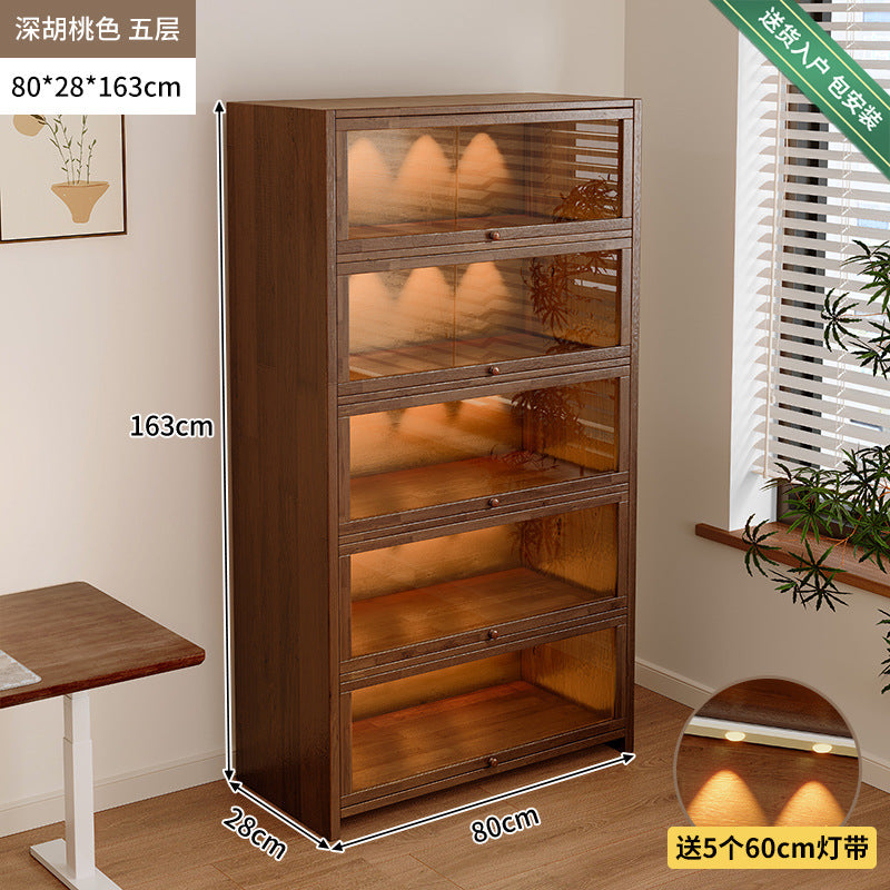 Solid wood dust-proof bookcase integrated against the wall Walnut color storage cabinet Locker Floor storage cabinet Household bookshelf