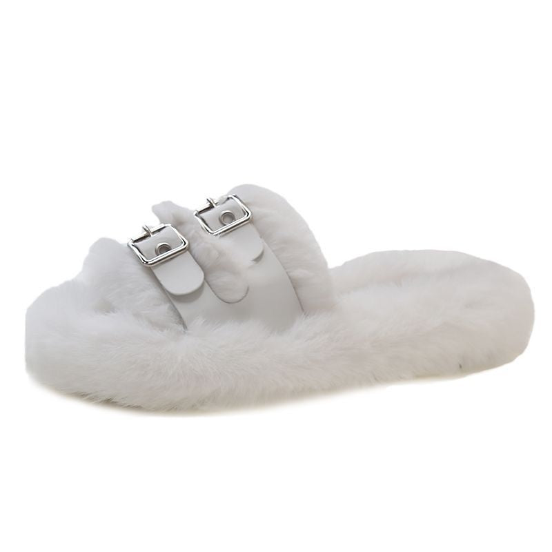 Furry slippers for women outwearfall and winter indoor home belt buckle popularplus sizethick solestuffed velvet cotton slippers trendy