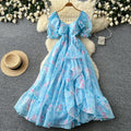 French fairy style puff sleeve floral dress women's summer korean style cinched waist ruffle hem vacation maxi dress - elegant