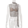european and american women's clothing  summer new round neck pullover lace see-through halter neck ribbon short sleeveless vest