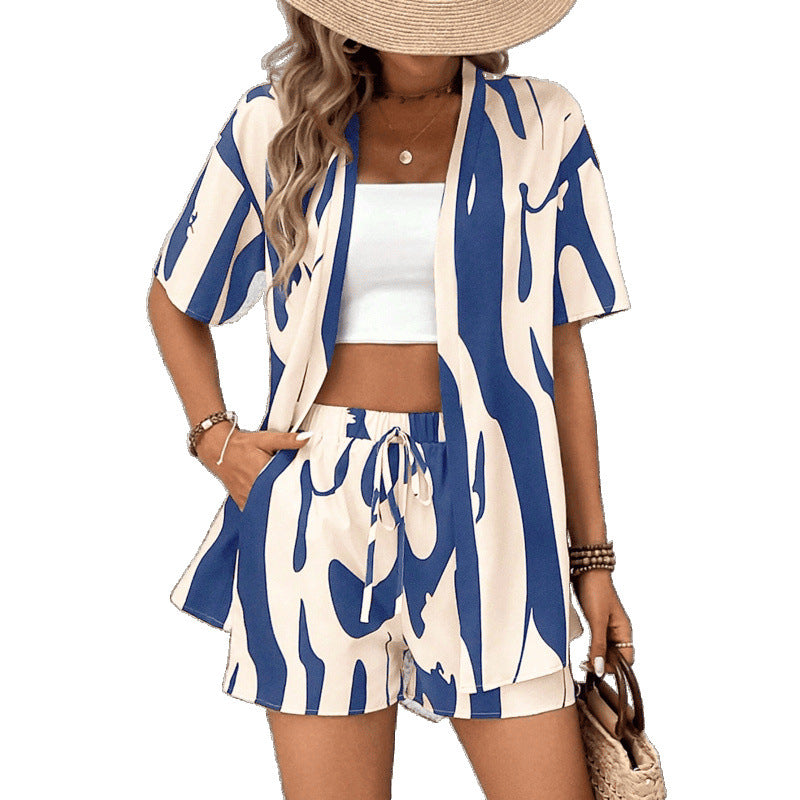 fashion for europe and america:  resort collection - elegant printed two-piece set: shirt & high-waisted shorts (short sleeve)