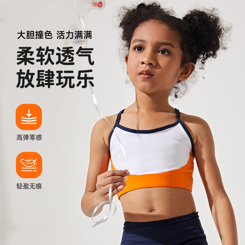 Color block spliced high-stretch kids' activewear: compression yoga top for running and fitness training