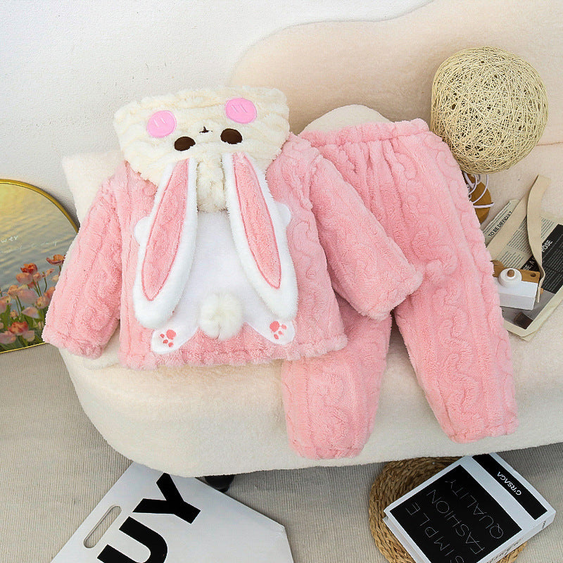 Three-layer quilted and thickened kids pajamas winter girls children's fleece-lined girl cartoon baby home clothes suit