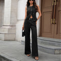 Fashion cross-border export  new arrival autumn washed fashion silm vest slightly flared denim pants two-piece set