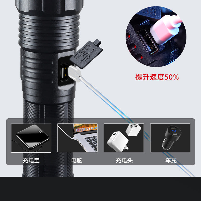 In December, the new  aluminum alloy strong light flashlight, zoom power display USB charging outdoor household flashlight