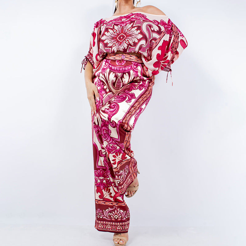 summer new women's clothing: cross-border european and american hot seller - color block retro print off-the-shoulder wide-leg pant set