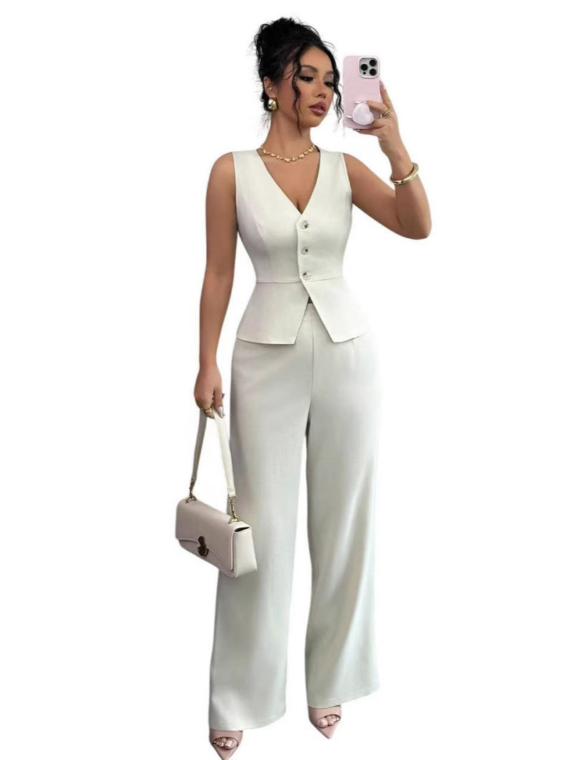 summer new women's solid color sleeveless slim-fit vest and high-waisted casual pants two-piece set - cross-border e-commerce
