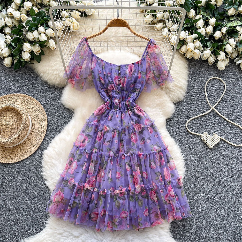 Dopamine dress: square neck, bubble sleeves, floral print, summer mesh overlay with ruffle trim - sweet & stunning