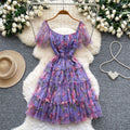 Dopamine dress: square neck, bubble sleeves, floral print, summer mesh overlay with ruffle trim - sweet & stunning