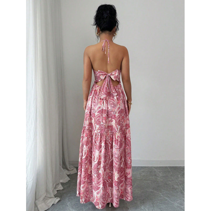 Women's halter neck backless bow tie waist long dress, perfect for vacation and casual wear, summer fashion apparel