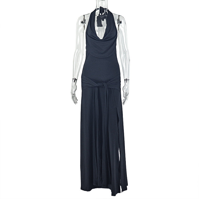 Fashion style cross-border women's pure color slit elegant halter neck hip skirt swing collar backless sleeveless pleated long dress